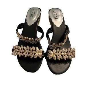 JTM Sandals Black Gold Rhinestones Embellished Bling Shoes Slip On Size 37 6.5